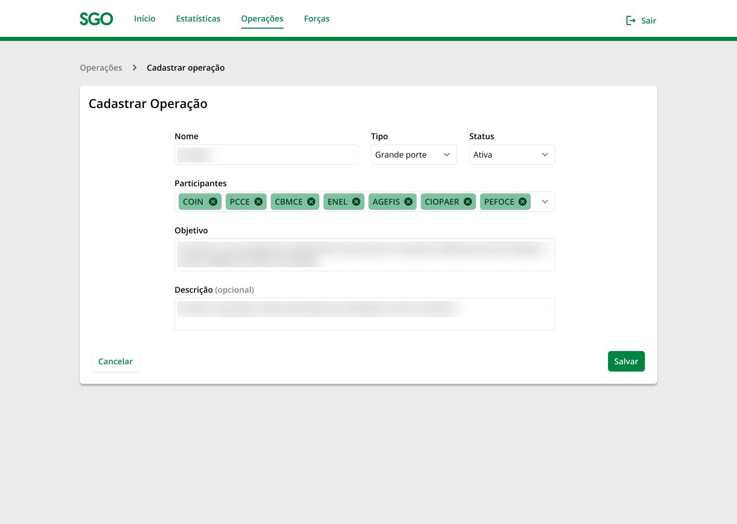 Formulário de cadastro de operação na versão web