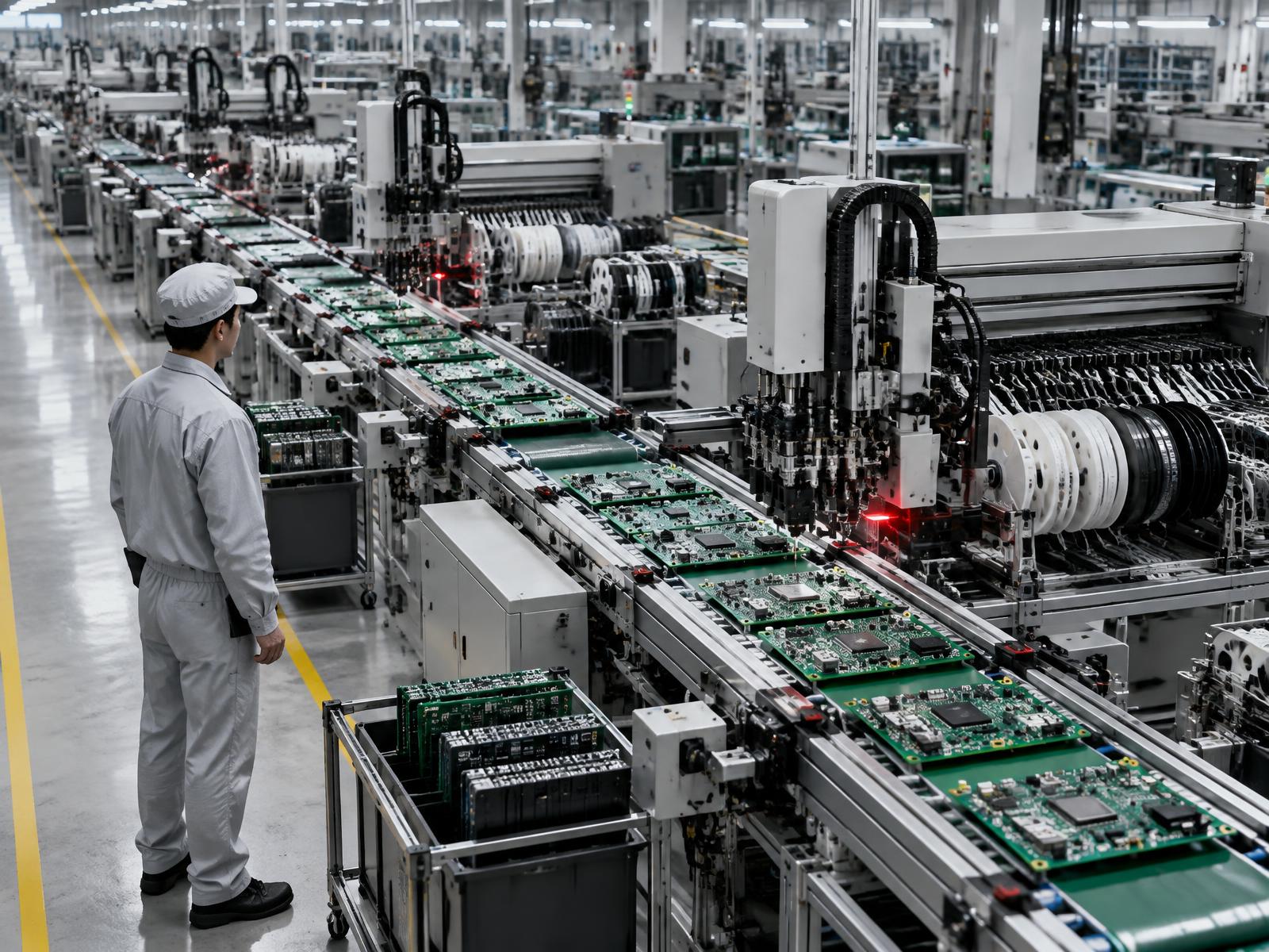 Linha de produção de placas eletrônicas acompanhada por um profissional