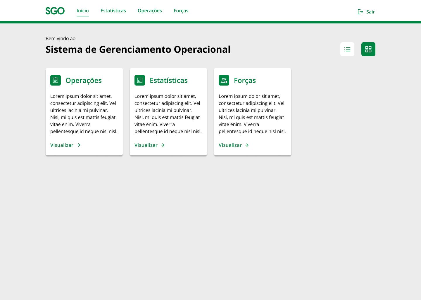 Tela inicial do sistema SGO na versão web