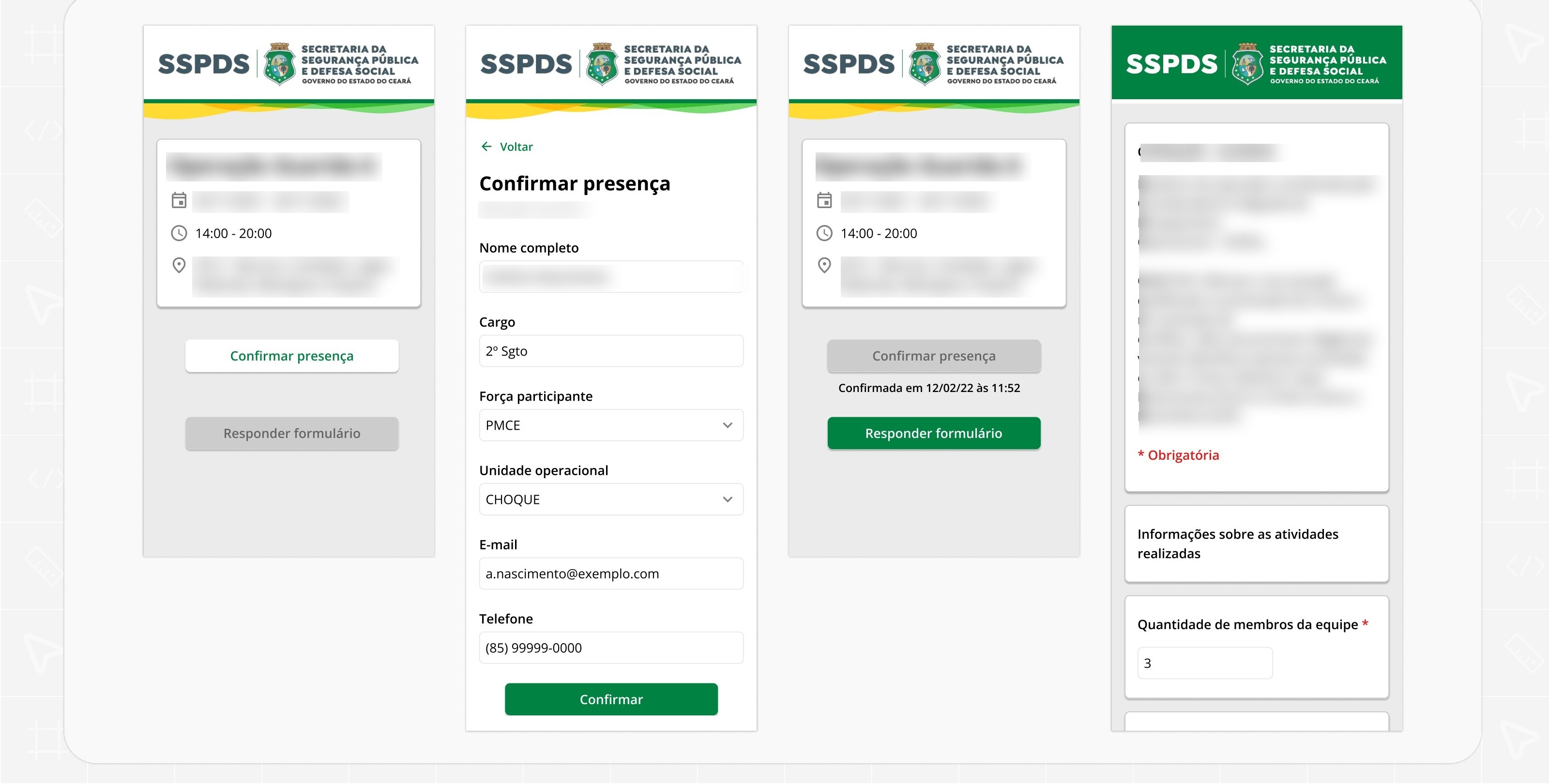 Telas mobile de confirmação de presença e formulário de operação
