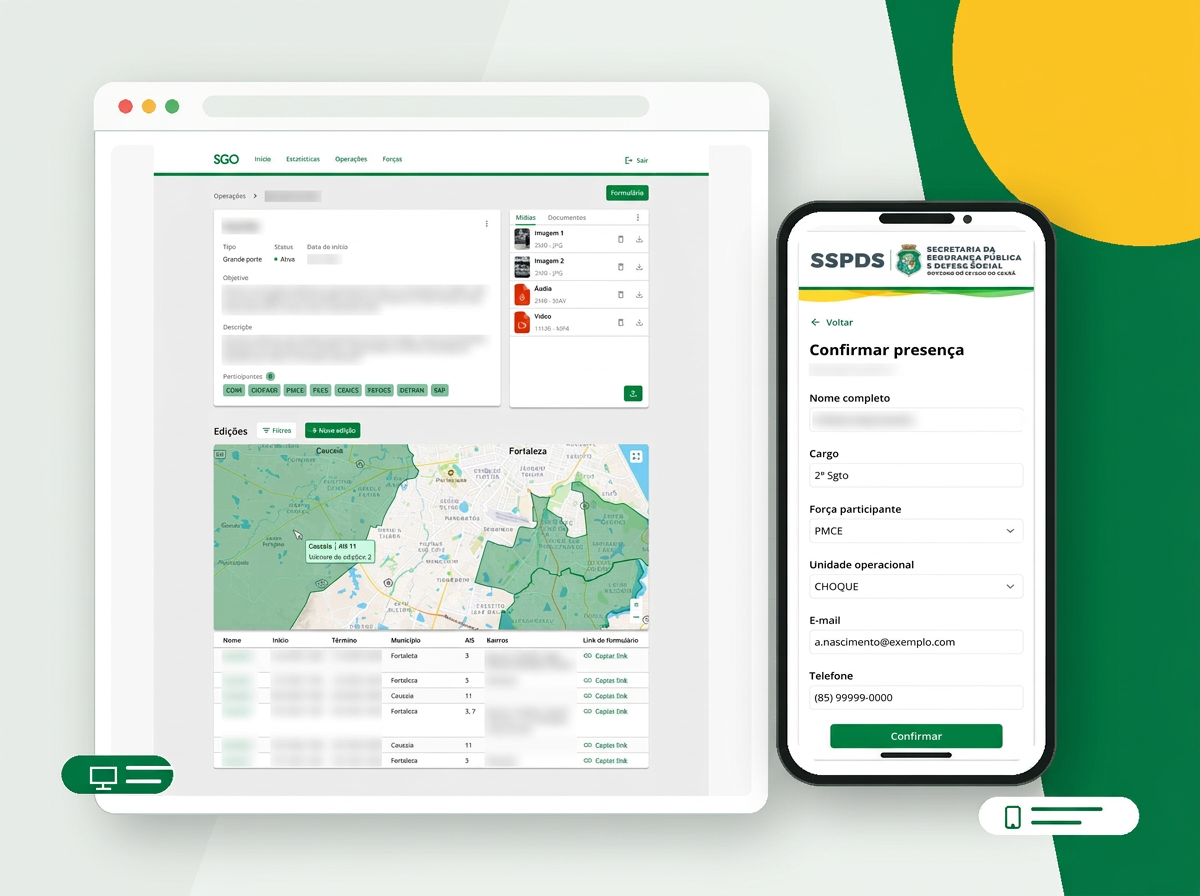Mockup das versões desktop e mobile do Sistema de Gestão de Operações